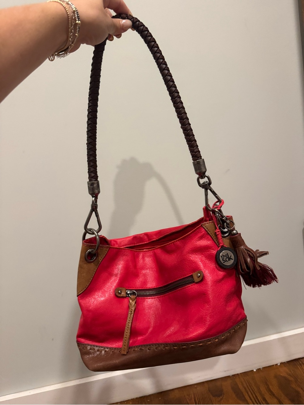 The Sak Red Leather Shoulder Bag with Brown Trim